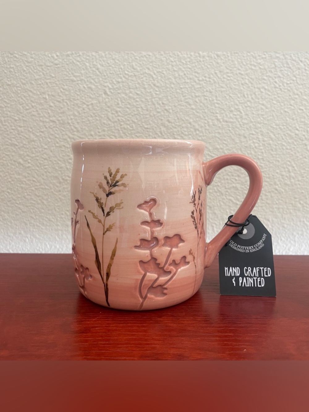 The Old Pottery Company Hand Crafted Yellow Floral Embossed Ceramic Mug 20 oz